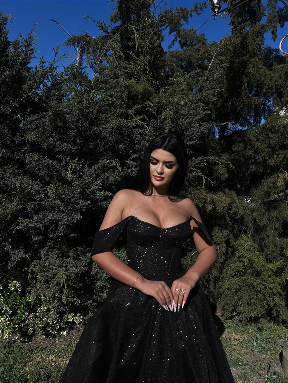 JazzHer Gothic Black Shiny A-line Vestido De Novia Gorgeous Off Shoulder Prom Dress Spark Short Sleeve Evening Dresses-(PRE-ORDER)