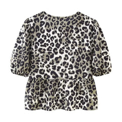 JazzHer Leopard Shirt Summer Crop Top Puff Sleeve Blouse With Lace-up Closing New Women's Clothing