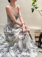 JazzHer Summer Vintage Floral Beach Long Dresses Women Elegant Spaghetti Strap Party Prom Robe Female A-line Chiffon V-neck Clothes chic