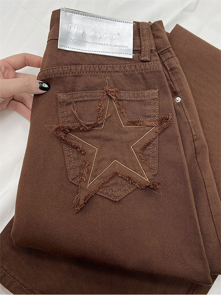christmas outfit JazzHer Women's Wide Leg Jeans Star Pocket Vintage Straight Pants High Waist Baggy Streetwear Casual Brown Denim Trouser Ladies 2025