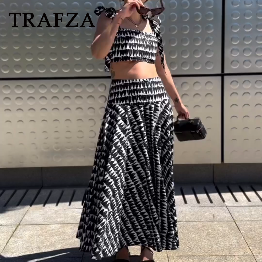 cold weather outfits JazzHer 2024 Spring Summer Women Print Casual Elegant Suits Fashion Strapless Sleeveless Short Tops+Chic Loose Long Skirt