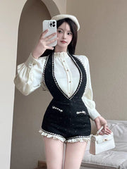 JazzHer 2025 Autumn French Sweet Hot Girl Commuting Suit Women Halter Strap Shorts Ruffled Long Sleeve Shirt Elegant Slim 2 Piece Set