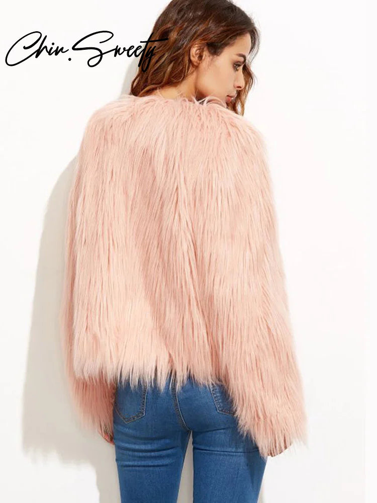 thanksgiving outfit JazzHer Urban Faux Fur Solid Women Coat Short Long Sleeve O-neck Hairy Female Streetwear 2024 Autumn Winter Elegant Lady Jackets