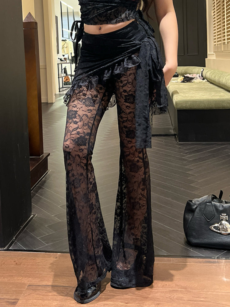 JazzHer Gothic Dark Lace Pants Women Vintage Y2k Streetwear Emo Sexy See Through Velevt Patchwork High Waist Flare Pants Female