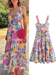 JazzHer Ladies Elegant Sweet Printed Ruffles Strap Summer Dress Women Sleeveless Backless Patchwork Holiday Beach Robe Maxi Dress Female