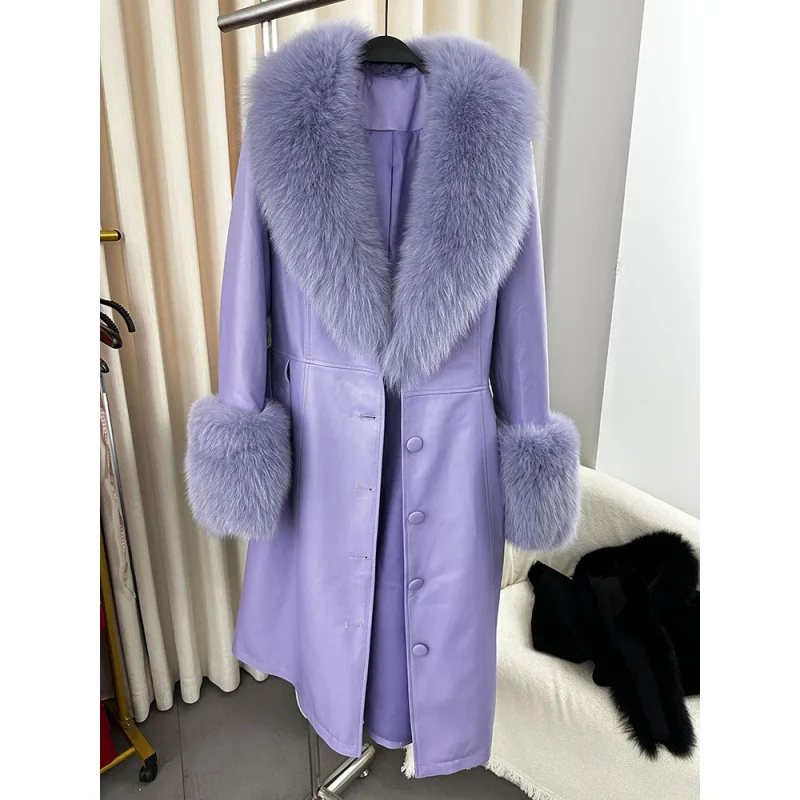 cold weather outfits JazzHer 2024 New Women's Leather Jacket With Fox Fur Collar Long Fashionable Elegant Waist-Fitted Sheepskin Overcoat For Autumn/Winter