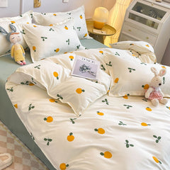 JazzHer Ins Style Duvet Cover Set with Flat Sheet Pillowcases Cute Orange Cherry Crow Printed Single Double Queen Size Girls Bedding Kit