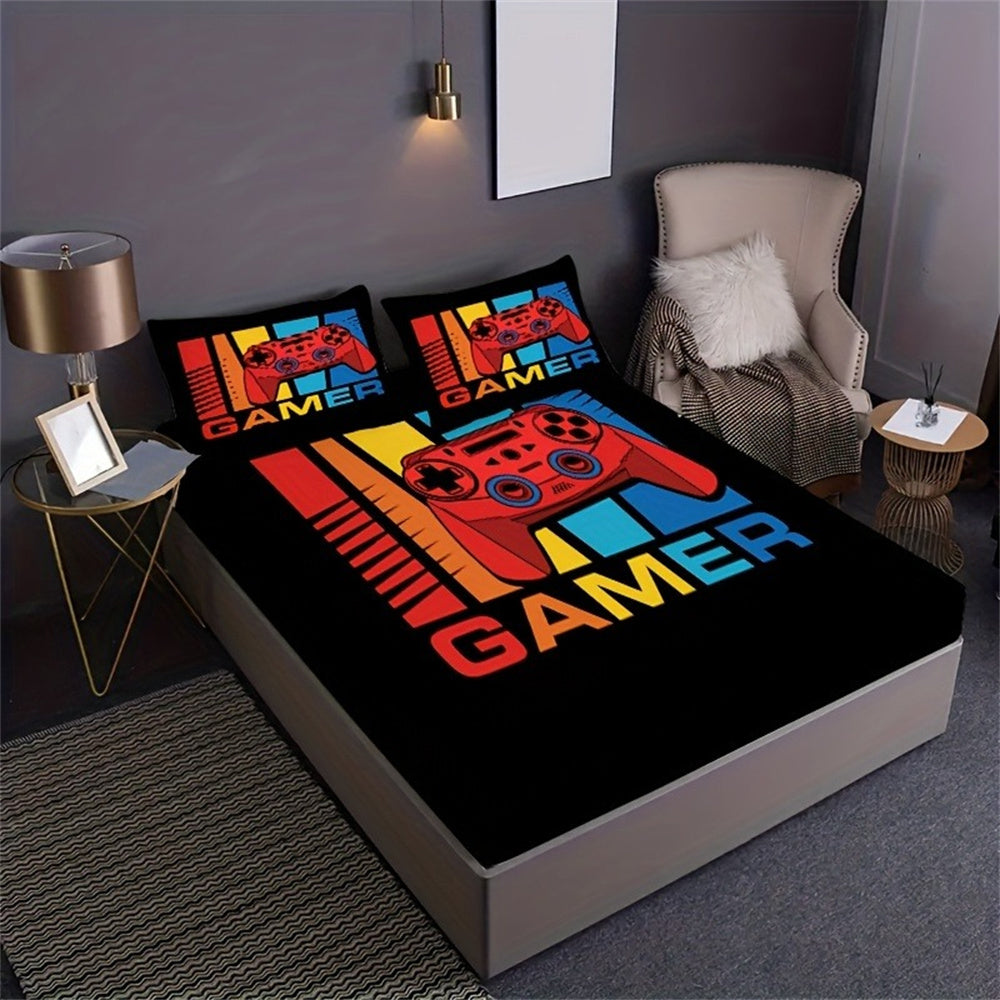 JazzHer Games Print Fitted Sheet Set Soft Home Textile Comfortable Breathable Gamepad Bedding Set for Bedroom Guest Room