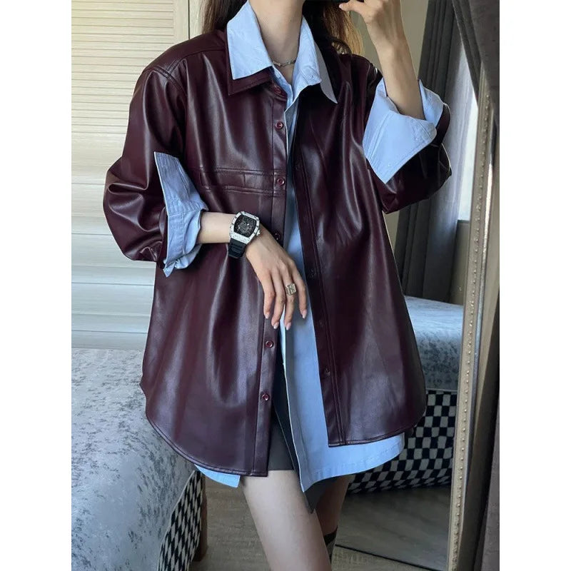 cold weather outfits JazzHer 2024 Spring New Style Korean Matching Loose-Fit Medium-Length Leather Jacket Elegant Shirt Top 2-piece Set Women's Suit