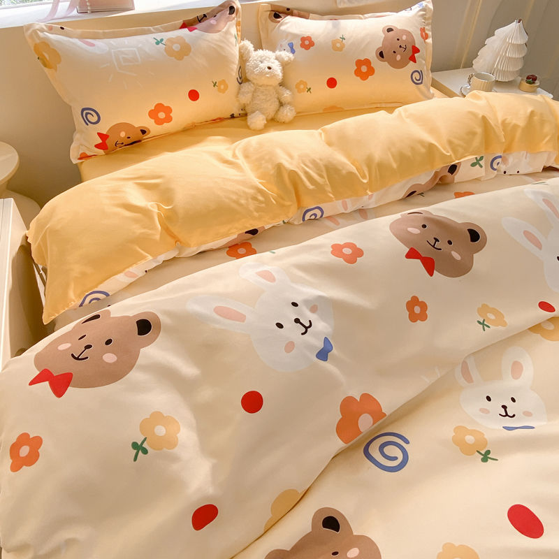 JazzHer Kawaii Bear Bedding Set No Filler Ins Single Queen Size Duvet Cover Flat Sheet Pillowcase Kids Adult Boys Home Hotel Bed Linens