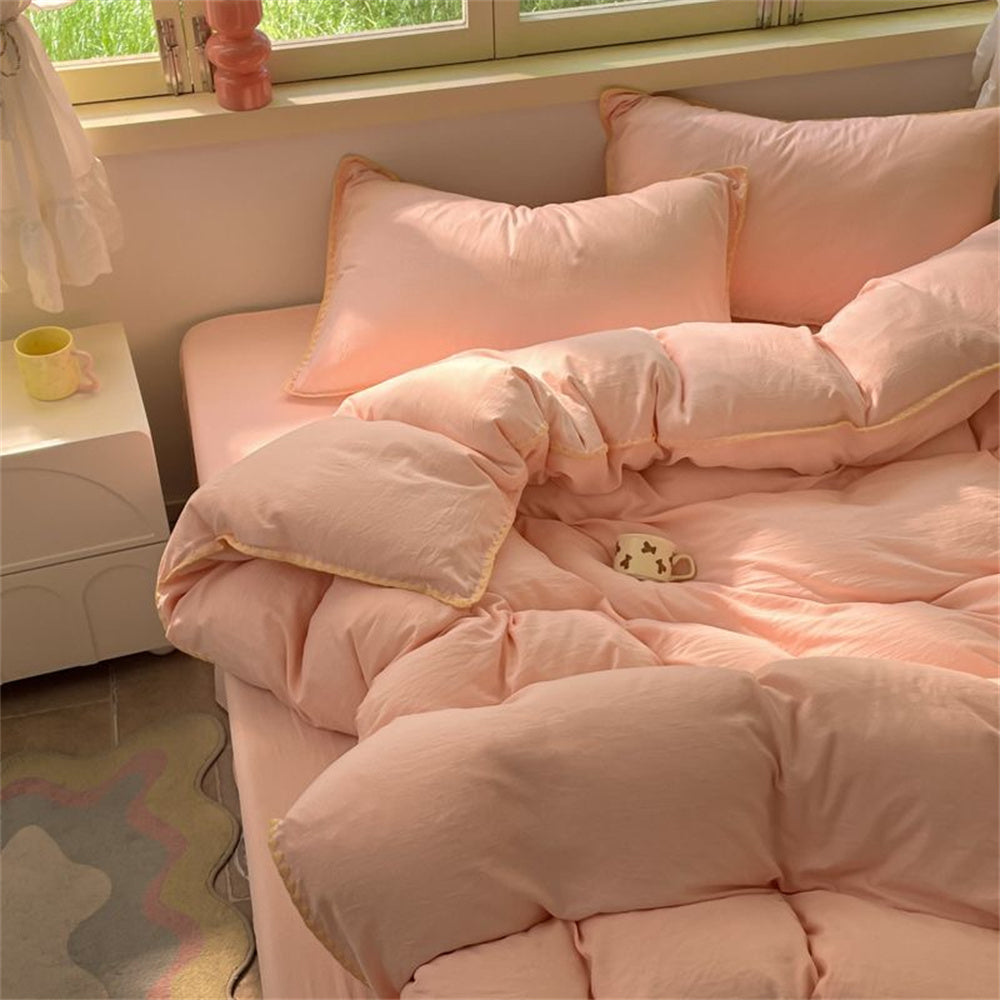 JazzHer Ins Style Pink Solid Color Bedding Sheet Nordic Duvet Cover Set Hot Sale Home Luxury Bedding Set Bed Sheet Comfortable Bedspread