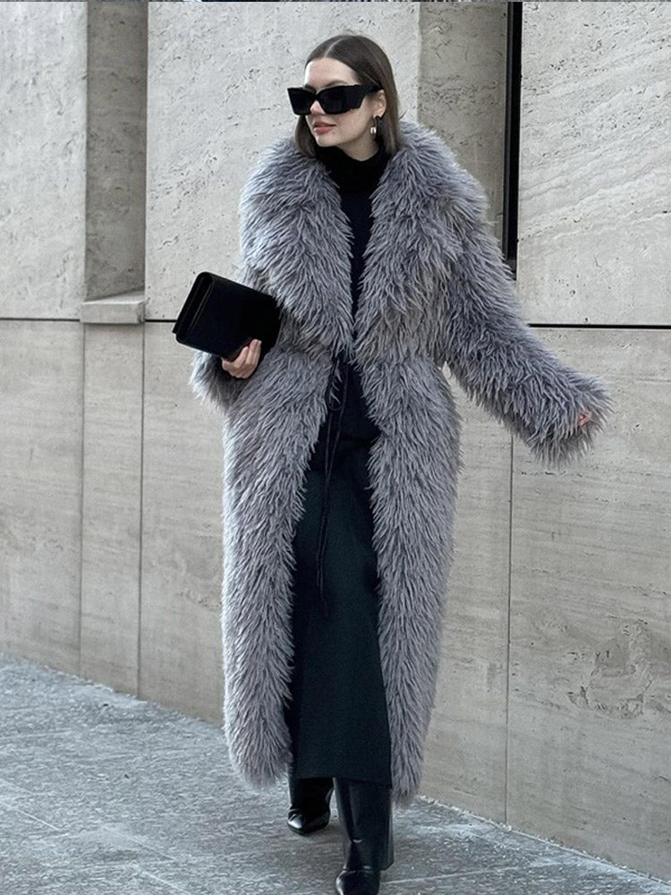 JazzHer Women's Fashion Grey Warm Faux Fur Long Coat 2024 Luxury Lapel Full Sleeve Thick Fluffy Overcoat Winter Casual Female Streetwear