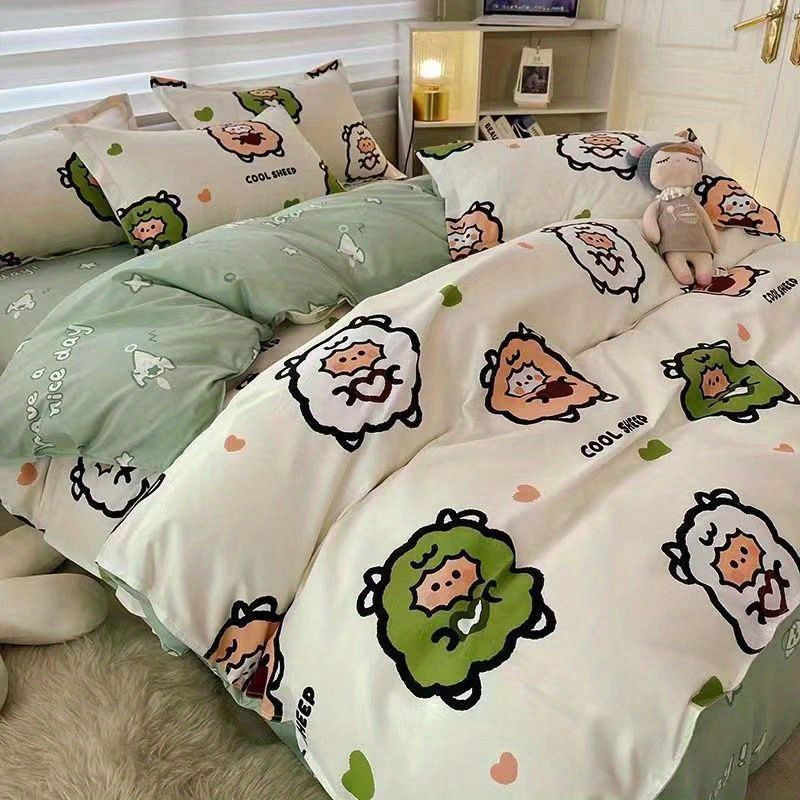 JazzHer Korean Style Cartoon Sheep Bedding Set Girls Kids Twin Full Queen Size Bed Flat Sheet Duvet Cover Pillowcases Bed Linen Kawaii