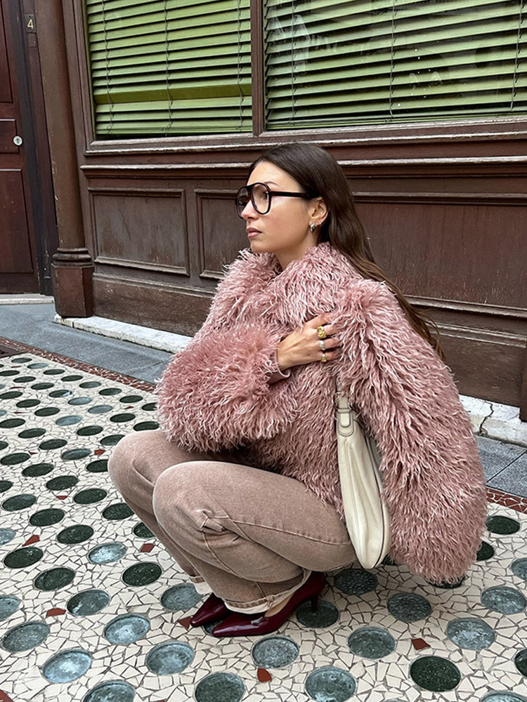 JazzHer Elegant Pink Women's Cropped Warm Faux Fur Jacket Fashion Winter Thermal Long Sleeve Fluffy Coats New Ladies Chic Street Outwear