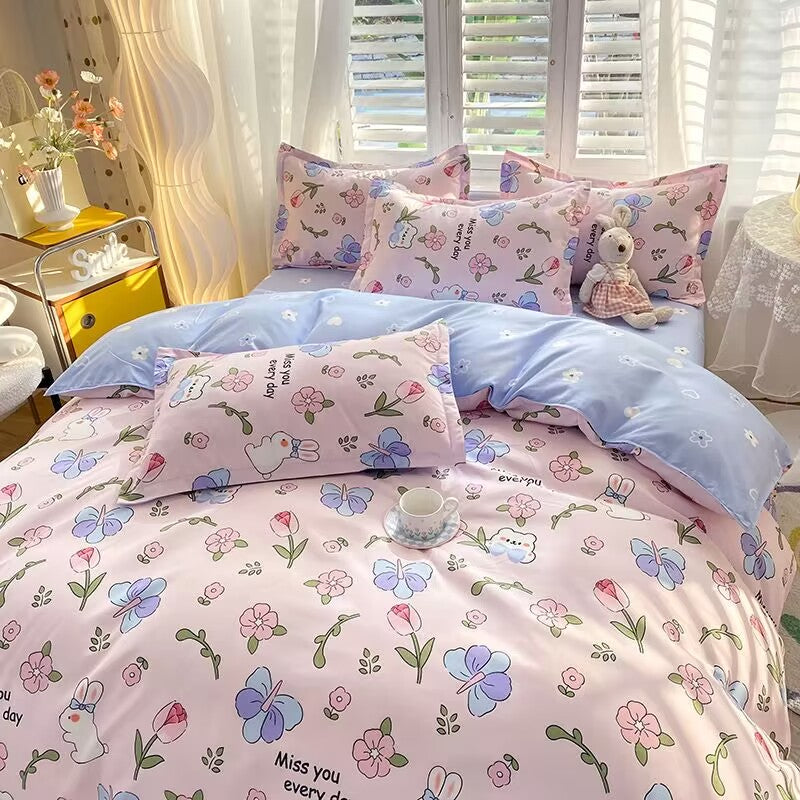 JazzHer Korean Pink Rose Duvet Cover Set Soft Green Flat Sheet Quilt Cover Pillowcase Bed Linen Twin Queen Full Size Floral Bedding Set