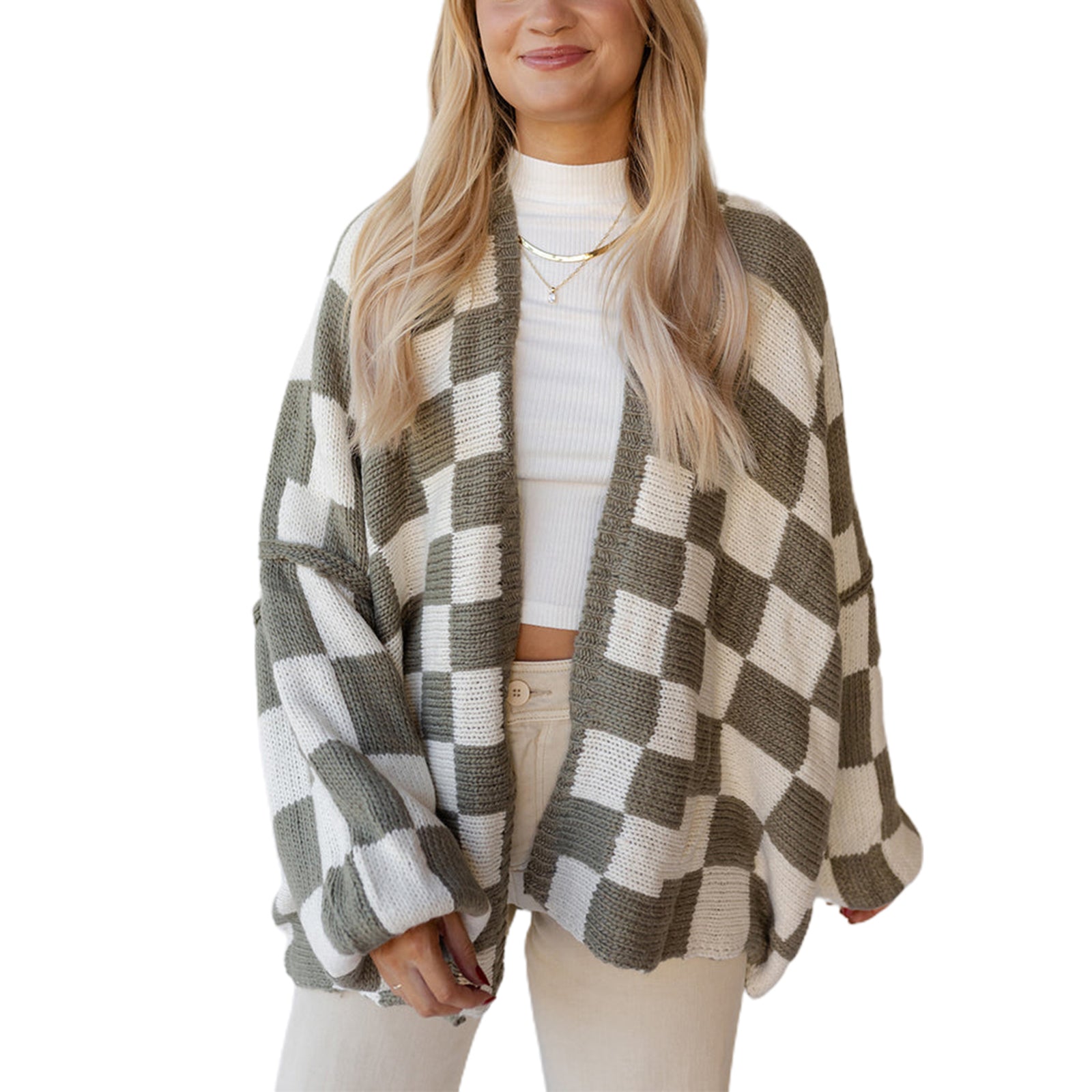 thanksgiving outfit JazzHer Women's Fall Knit Cardigan Plaid Print Long Lantern Sleeve Open Front Loose Sweater Jacket