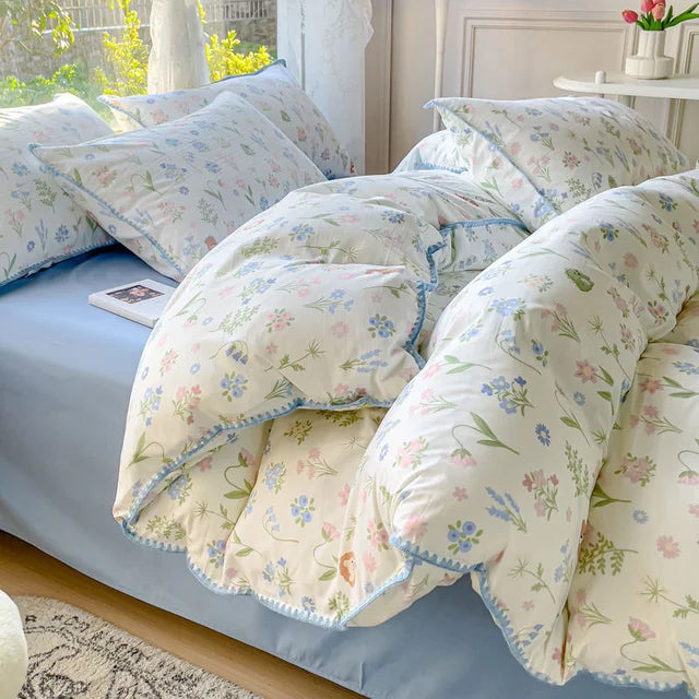 JazzHer Lovely Pastoral Girls Flower Bedding Set, Soft Washed Cotton Bed Linens For Dreamy Nights, Simple Bedspread And Home Textile