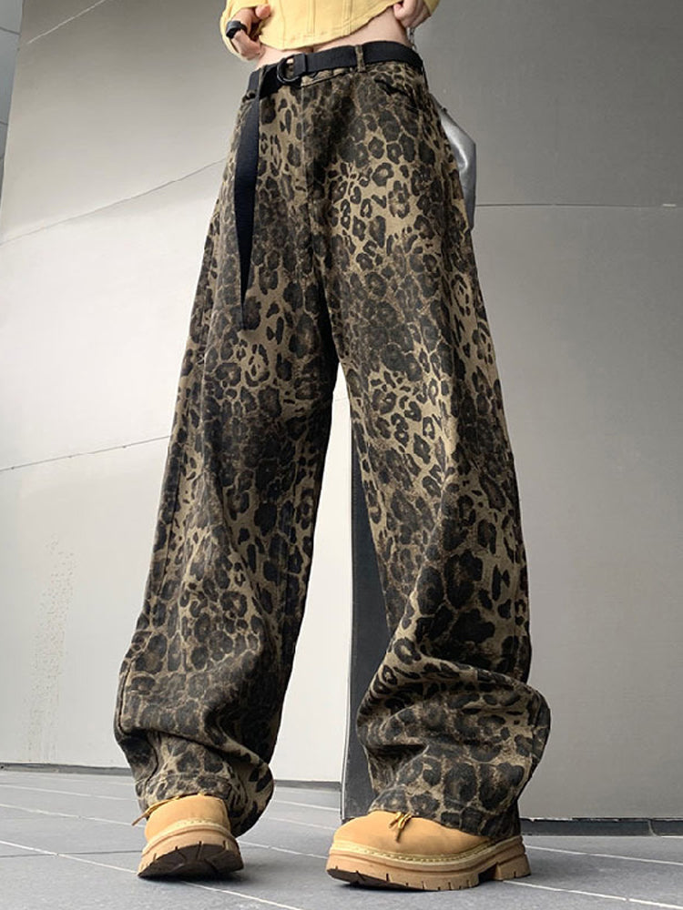 thanksgiving outfit JazzHer Vintage Leopard Jeans Women Casual Loose High Waist Straight Pants Female 2024 Sping Chic Hip Hop Y2k Fashion Streetwear Lady