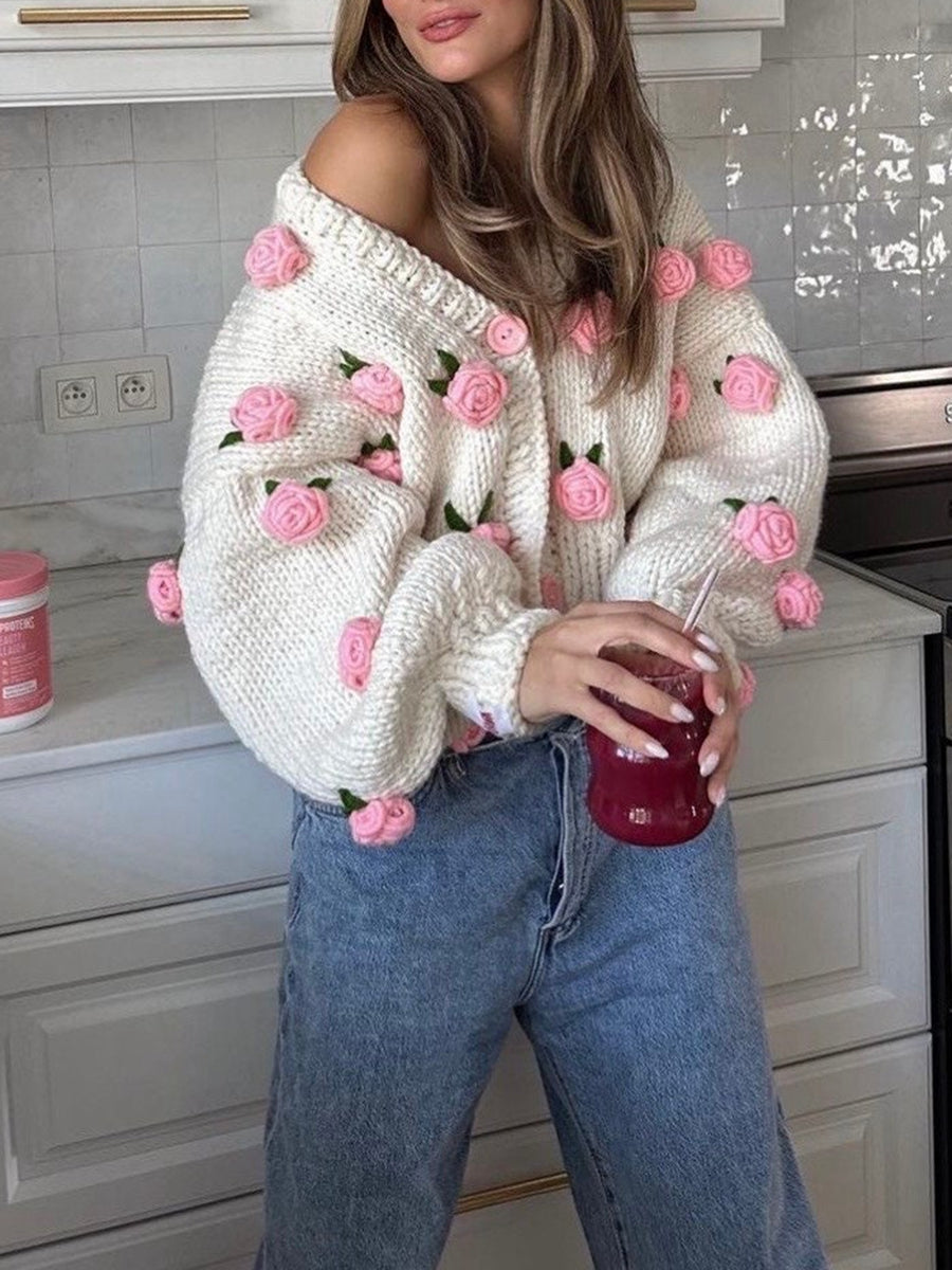 thanksgiving outfit JazzHer Women Knit Cardigan Long Sleeve Flowers Button Closure Fall Casual Jacket Sweater