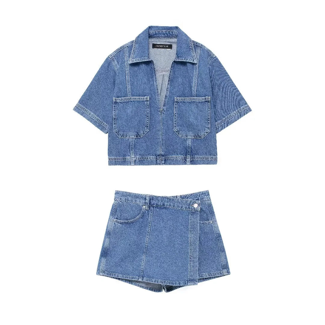 cold weather outfits JazzHer 2024 Spring Summer Casual Denim Women Suits Fashion Pockets V Neck Pullover Half Sleeve Shirts+Chic Mini Shorts Skirts