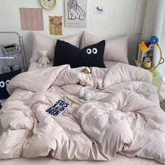 JazzHer Cute Duvet Cover Set with Sheet Pillowcase No Filler Warm Solid Color Bed Linen Full Queen Size Korean Big Eyes Home Bedding Set