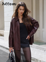 JazzHer Fashion Wine Red Faux Leather Jacket Women Loose Lapel Long Sleeve Zipper Female Coat 2024 Autumn Lady Vintage Elegant Outwear