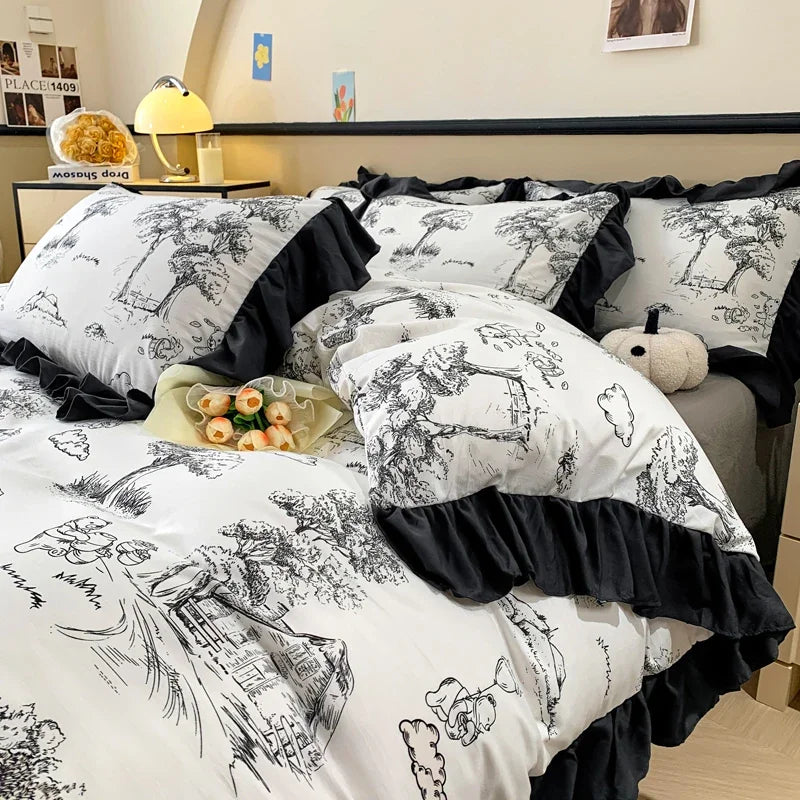 JazzHer New Washed Cotton Edge Three - Four Piece Quilt Set Printed Small Clear Cover Double Bedding Set 180x220 200x230