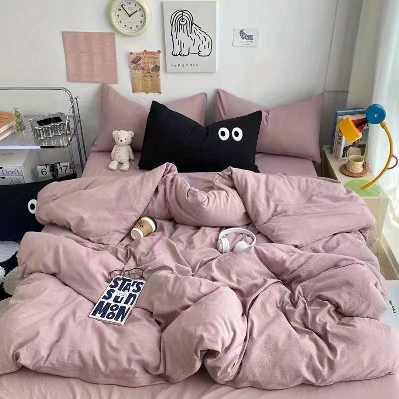 JazzHer Cute Duvet Cover Set with Sheet Pillowcase No Filler Warm Solid Color Bed Linen Full Queen Size Korean Big Eyes Home Bedding Set