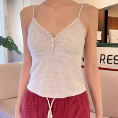 JazzHer American Retro Light Gray Four Button Women Tank Top Lace Trim V-neck Sweet Summer Vest Cotton Street Y2K Tight Camisole 2025