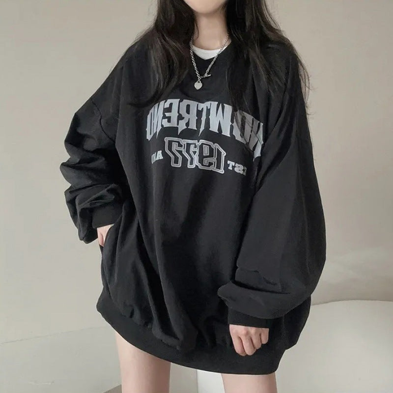 JazzHer Letter Print Oversized Round Neck Sweatshirt