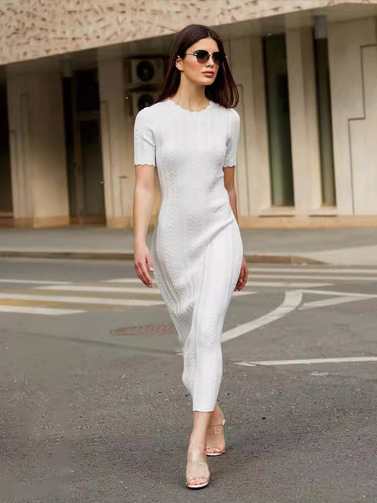 JazzHer Elegant Knit Ribbed Maxi Dress Women Slim O-neck Short Sleeve Hip Package Female Dresses 2024 Summer Lady Solid Casual Robes New