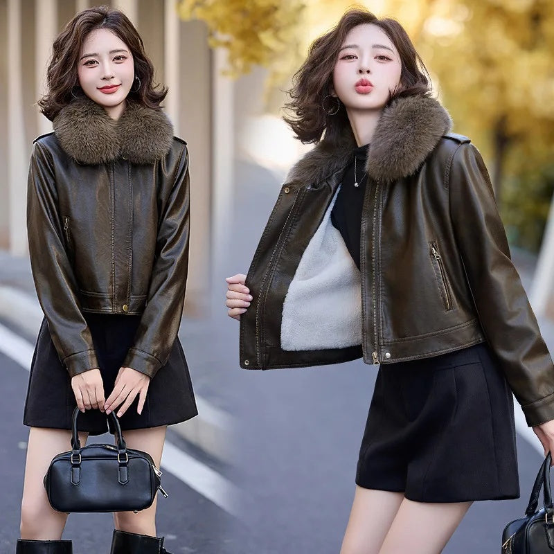 cold weather outfits JazzHer Women's Autumn Winter New Style Leather Jacket Large Collar Fleece Lined And Thickened Petite Jacket PULeather ZH1138