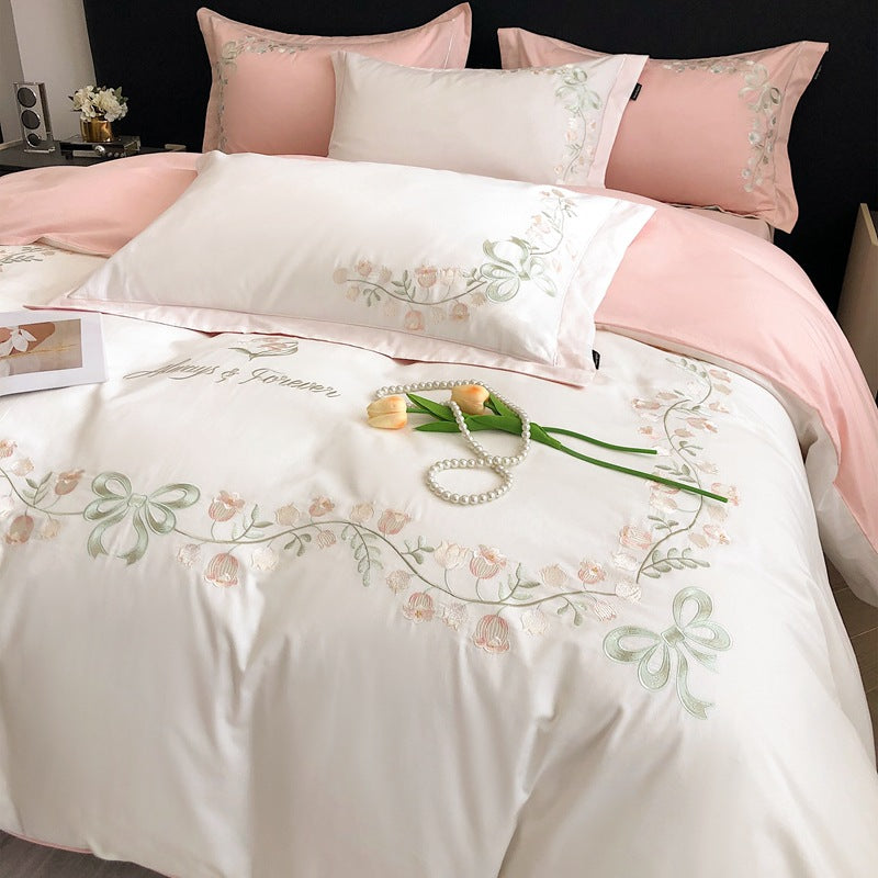 JazzHer New High-End Simple and Light Luxury Skin-Friendly Cotton Four-Piece Set Simple Embroidery Bedding Lily