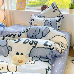 JazzHer Cute Dog Bedding Set New Design Girls Ins Duvet Cover with Zipper No Filler Flat Sheet Pillowcase Queen Size Bed Linens