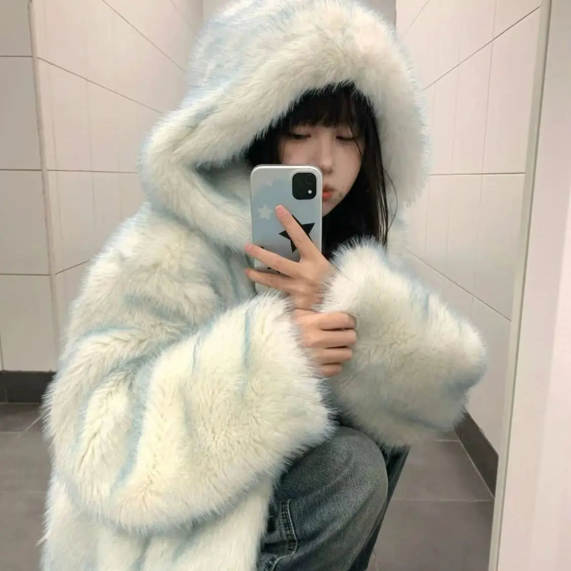 JazzHer Sweet Furry Jackets for Women Winter Clothing Fashion Gradient Thicked Outwear Hooded Warm Korean Coat Y2k Tops 2025 Ropa Mujer