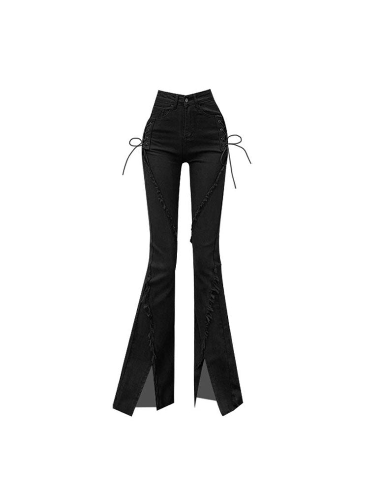christmas outfit JazzHer Black Flare Jeans Vintage Low Waisted Split Trousers Aesthetic Streetwear Casual Cargo Pants Women Korean Style Distressed Jean
