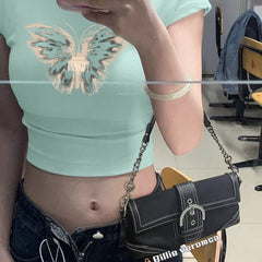 JazzHer Y2k Summer T shirts Cropped Tops Women Clothes Vintage 90s Short Sleeve Sexy O-Neck Punk Streetwewar Tee Goth Femme T shirt Top