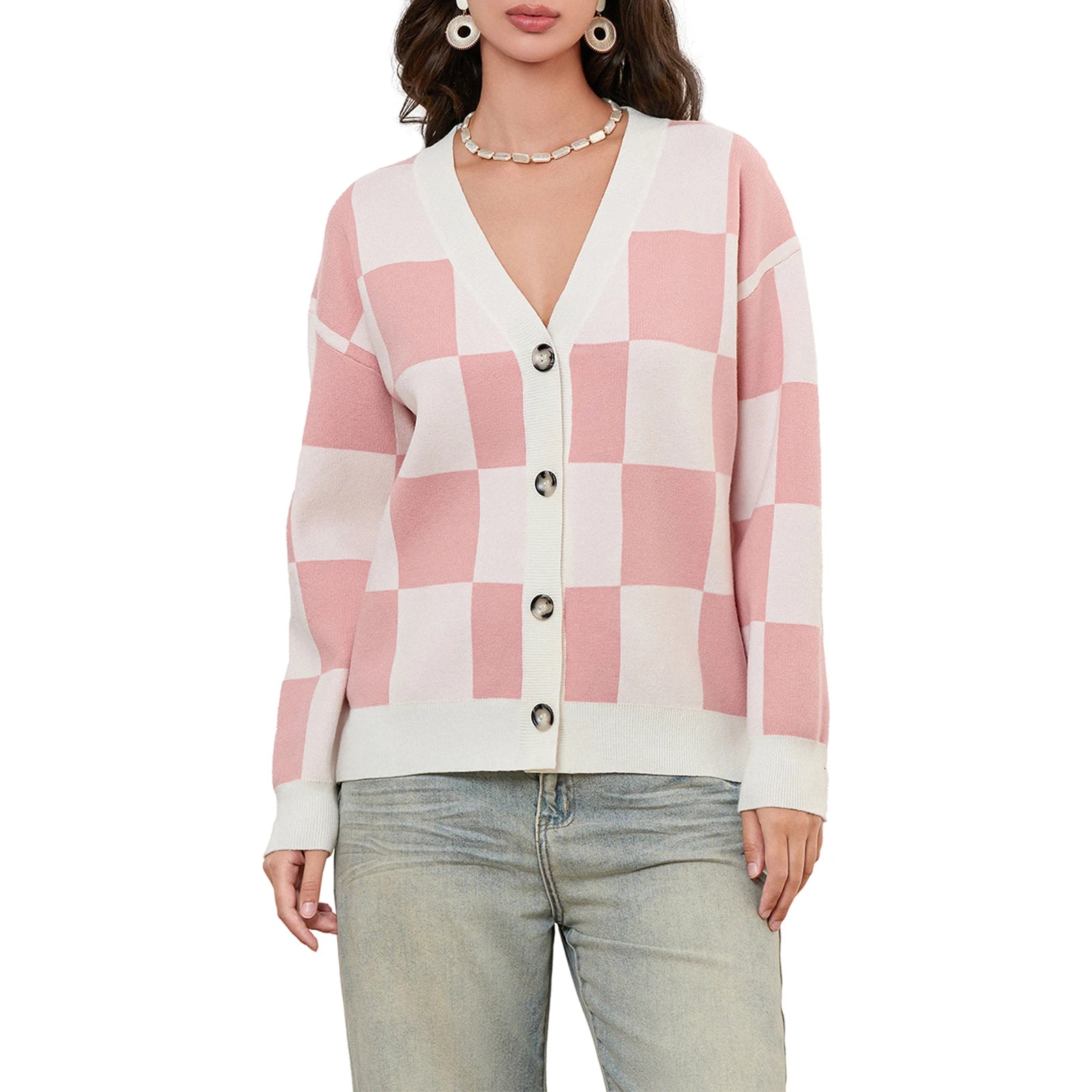 thanksgiving outfit JazzHer Women's Autumn Winter Knit Cardigan Long Sleeve V Neck Checkerboard Print Knitwear Sweater