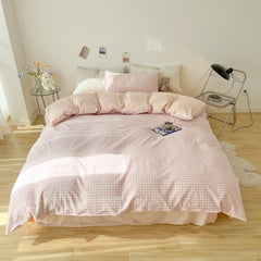 JazzHer 2024 New Bedding Set Ins Nordic Style Pink Grid Washed Cotton 4 pcs Bed Sheet Set For Girls Duvet Cover and Pillowcase