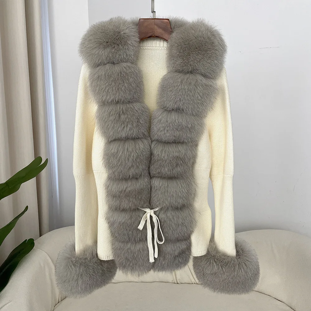 cold weather outfits JazzHer Autumn/winter New Arrival Detachable Real Fox Fur Placket Sleeve Opening Knitted Top Leather Jacket V-neck Pullover