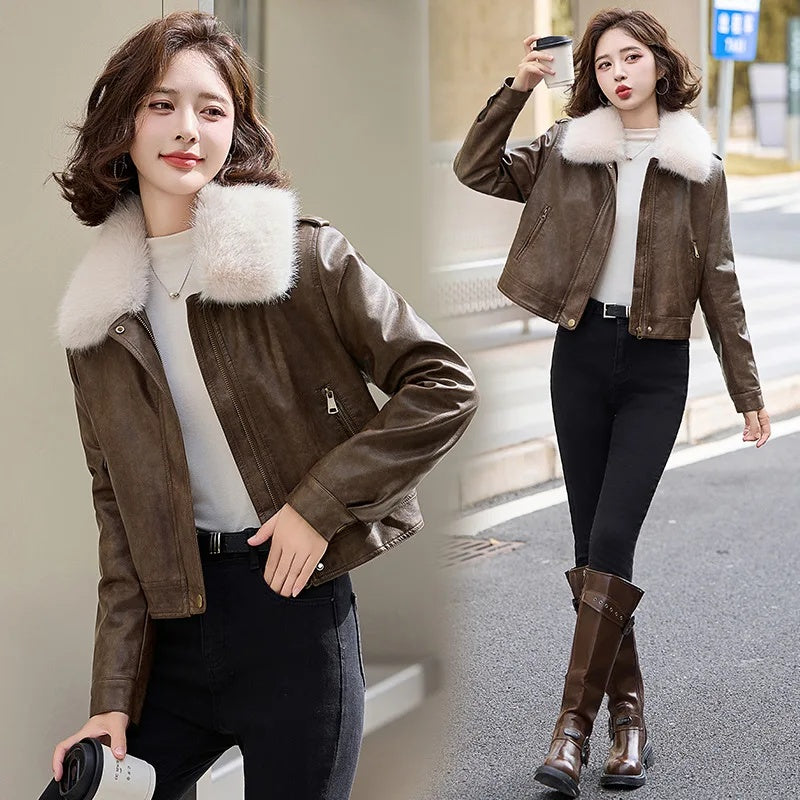 cold weather outfits JazzHer Women's Autumn Winter New Style Leather Jacket Large Collar Fleece Lined And Thickened Petite Jacket PULeather ZH1138