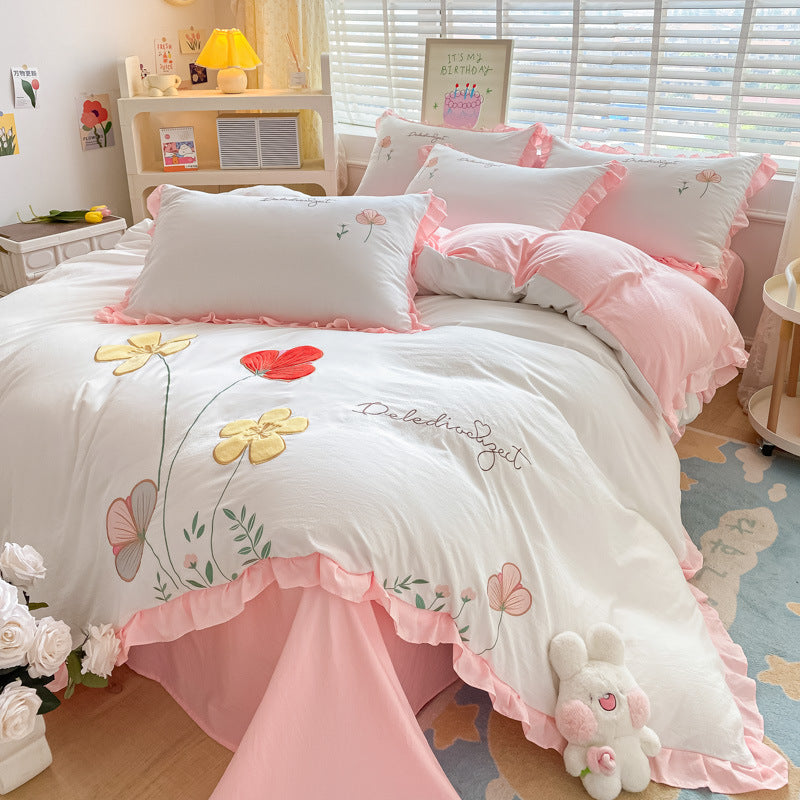 JazzHer Ins Korean Style Bedding Set with Ruffles Princess Duvet Cover No Filling Flat Sheet Pillowcases Kit Girls Blue Pink Solid Color