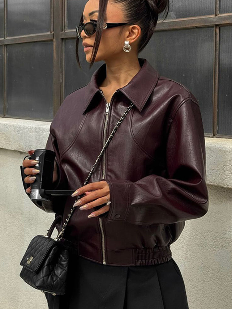 thanksgiving outfit JazzHer Vintage Faux Leather Short Jacket Women Zipper Long Sleeve Lapel Moto Biker Street Coats Female 2024 New Chic Outwear Top Lady