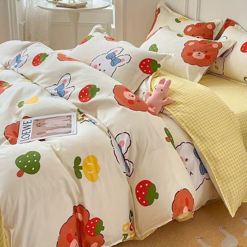 JazzHer Ins Cartoon Rabbit Duvet Cover Set Soft Blue Flat Sheet Quilt Cover Pillowcase Bed Linen Twin Queen Full Size Floral Bedding Set