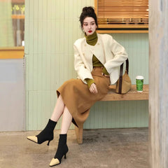 cold weather outfits JazzHer Fashionable High-End Tweed Style Women's Sweater Skirt Leather Jacket Suit New Arrival Autumn 2024 Elegant and Stylish