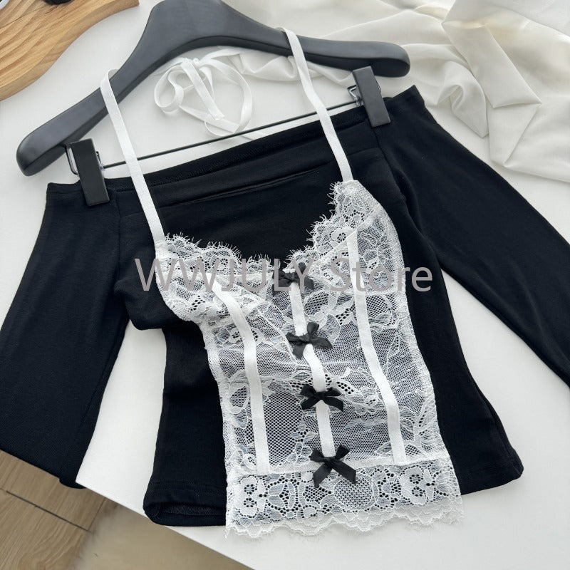 JazzHer Long Sleeve Patchwork Lace Tops Black Slim Sweet Bow Tees Design Y2k E-girls Korean Fashion Blosue Spice Girls Woman Chic