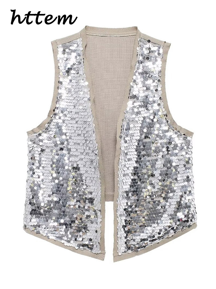 JazzHer Fashion Sequins Vest Mini Skirt Set Women Loose V-neck Sleeveless Vests Zipper Short Skirts 2024 Summer Lady High Street Outfits