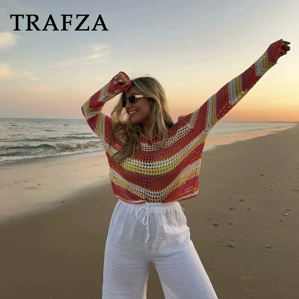 cold weather outfits JazzHer 2024 Spring Summer Casual Patchwork Women Sweaters Fashion Streetwear O Neck Crochet Striped Chic Ladies Loose Sweaters