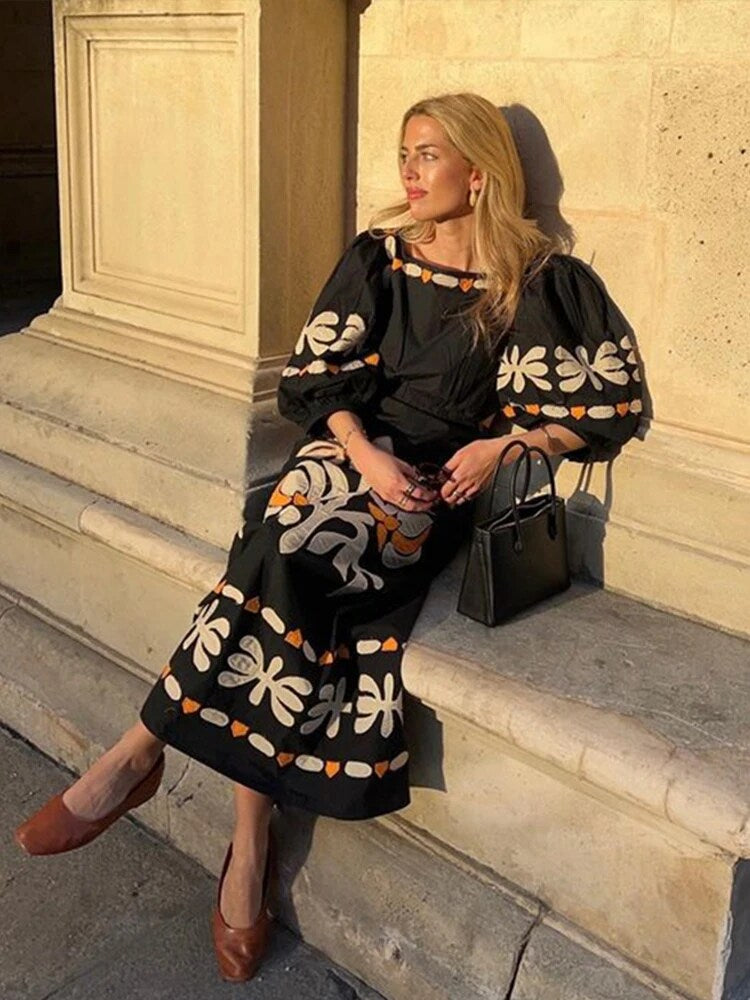 JazzHer Fashion Print Square Collar Long Dress Women Loose Puff Sleeve Hollow Out Female Dresses 2024 Summer Lady Elegant Holiday Robes