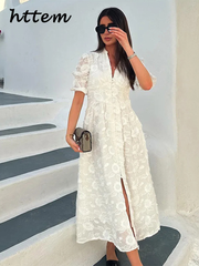 JazzHer Elegant Lace Embroidery Single Breasted Dress Women Loose V-neck Lantern Sleeve Female Dresses 2024 Summer Lady Holiday Robe New